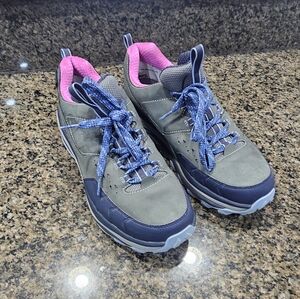 Hoka One One Women's Tor Summit Hiking Shoe in Gray and Blue with Pink Accents